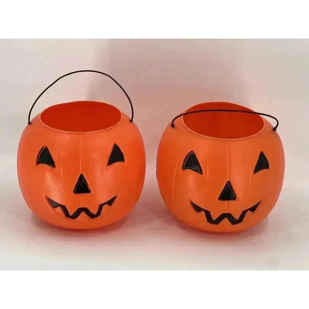 2 Vintage General Foam Plastics Jack O Lantern Pumpkin Halloween Bucket USA 8X8
